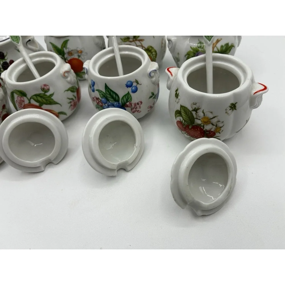 Vintage 1991 Lenox Orchard Porcelain Jam/Jelly Jars - Set of 8 with 8 spoons
